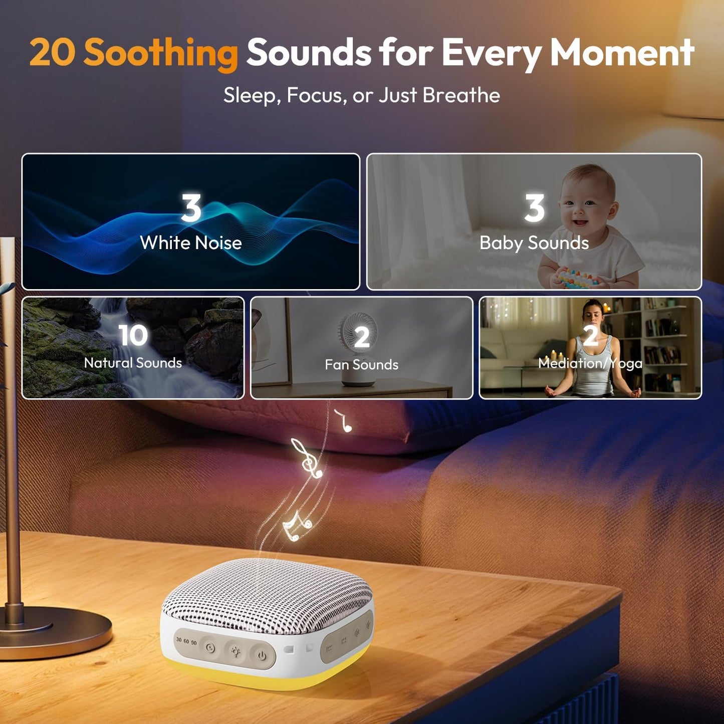 Portable Sound Machine for Travel, White Noise Sound Machine for Sleeping with Night Light, Mini Noise Machine with 20 Quality Non-looping Sounds, Headphone Jack, Memory, Timer for Adults,Hotel