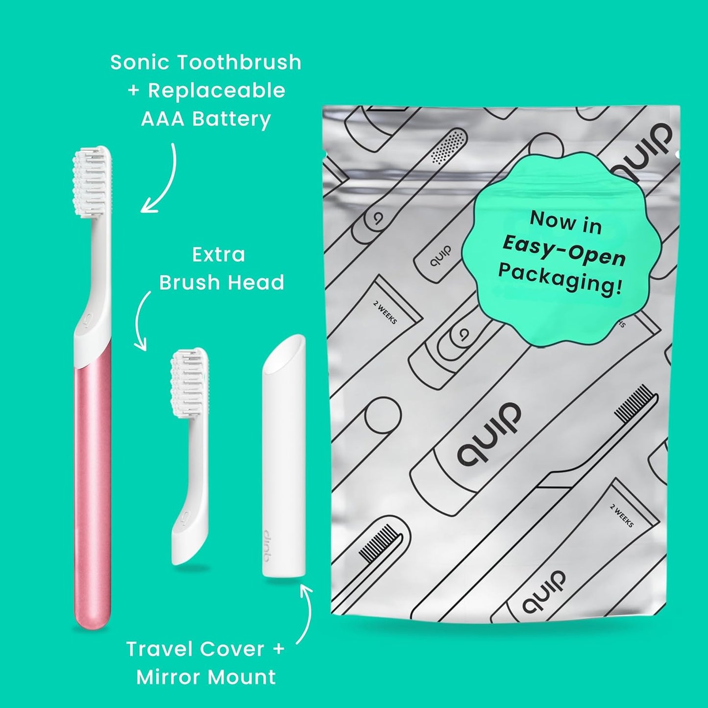 Quip Sonic Toothbrush for Adults with Timer - Includes Extra Brush Head and Travel Cover Mount - Electric, Soft Bristle Refill Head, Metal Handle, 3 Month Battery Life - Travel Toothbrush - Pink