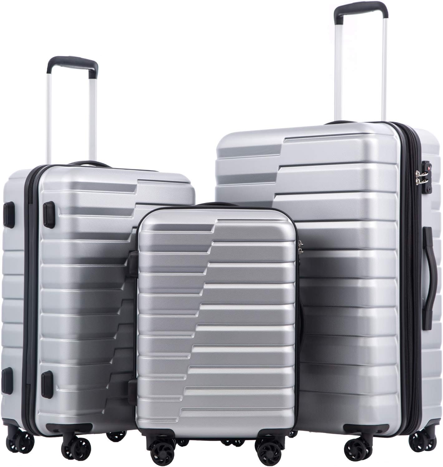 Coolife Luggage Sets, 3 Piece Hardshell Luggage Set with Spinner Wheels Expandable Suitcase Set PC+ABS TSA Lock, Sliver