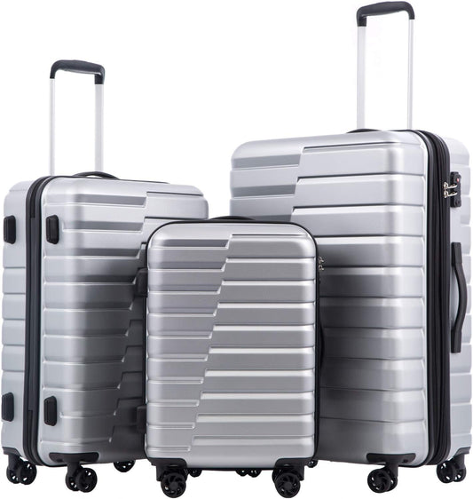 Coolife Luggage Sets, 3 Piece Hardshell Luggage Set with Spinner Wheels Expandable Suitcase Set PC+ABS TSA Lock, Sliver