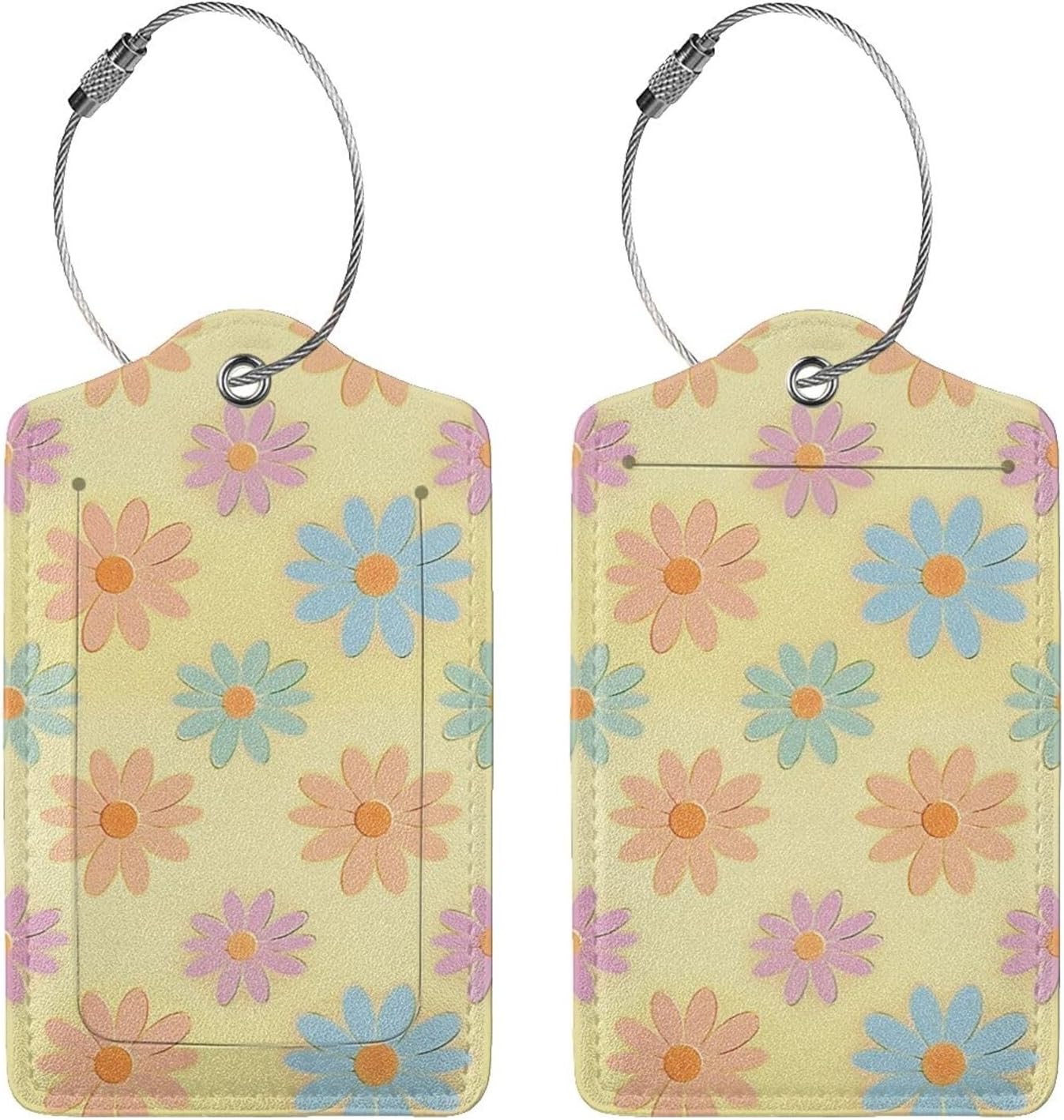 Flowers Leather Luggage Tag with Stainless Steel Ring, Fun Name Id Card Cover Travel Bag Tag Set, Suitable for Travel Bag Luggage Women Men 2 PCS