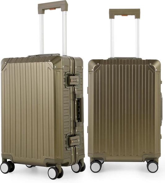 Mvst Luggage Premium All Aluminum Magnesium Carry On 20'' Lightweight Metal,Suitcase with Spinner Wheels Built-in Toiletry Set, Luggage Protector（silvery） (Brown, 20inch)