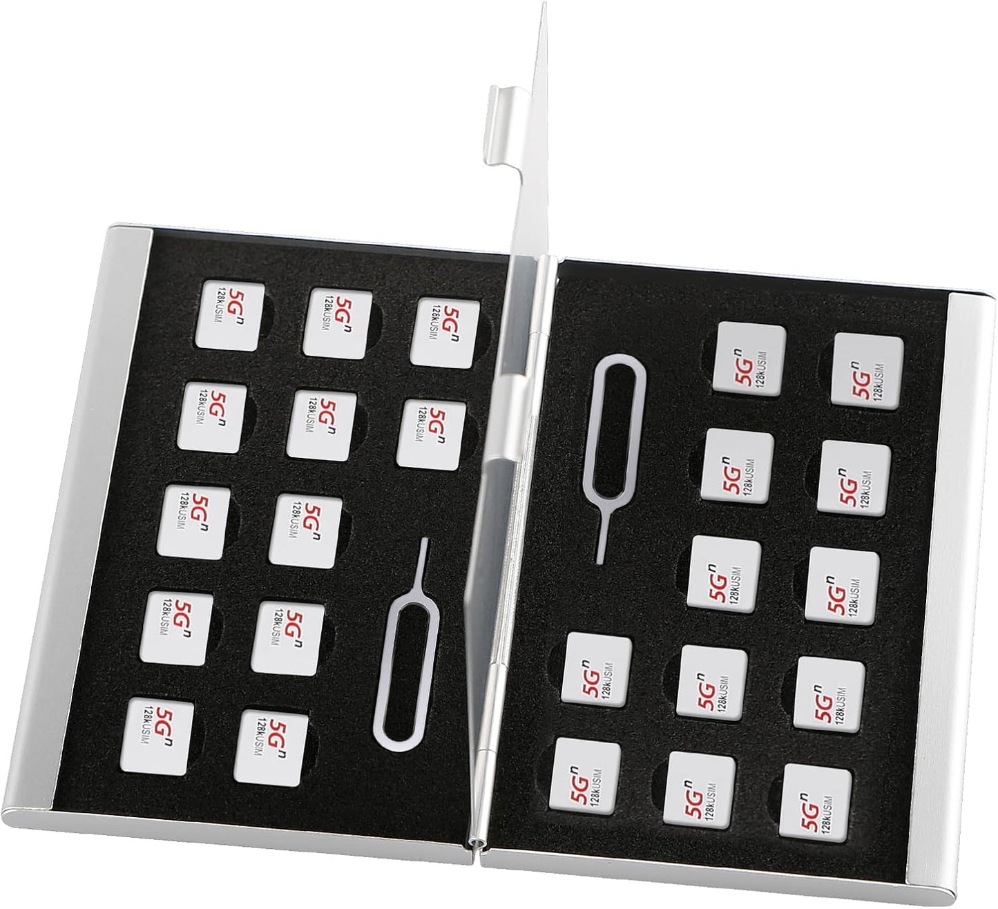Aluminum SIM Card Case, 26Slots Ultrathin SIM Card Holder, Fit for 24 Nano sim Card and 2 Cell Phone Eject Pin Slots, Silver