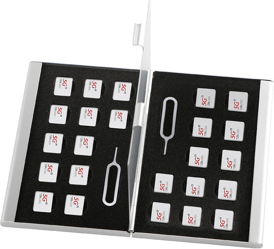 Aluminum SIM Card Case, 26Slots Ultrathin SIM Card Holder, Fit for 24 Nano sim Card and 2 Cell Phone Eject Pin Slots, Silver