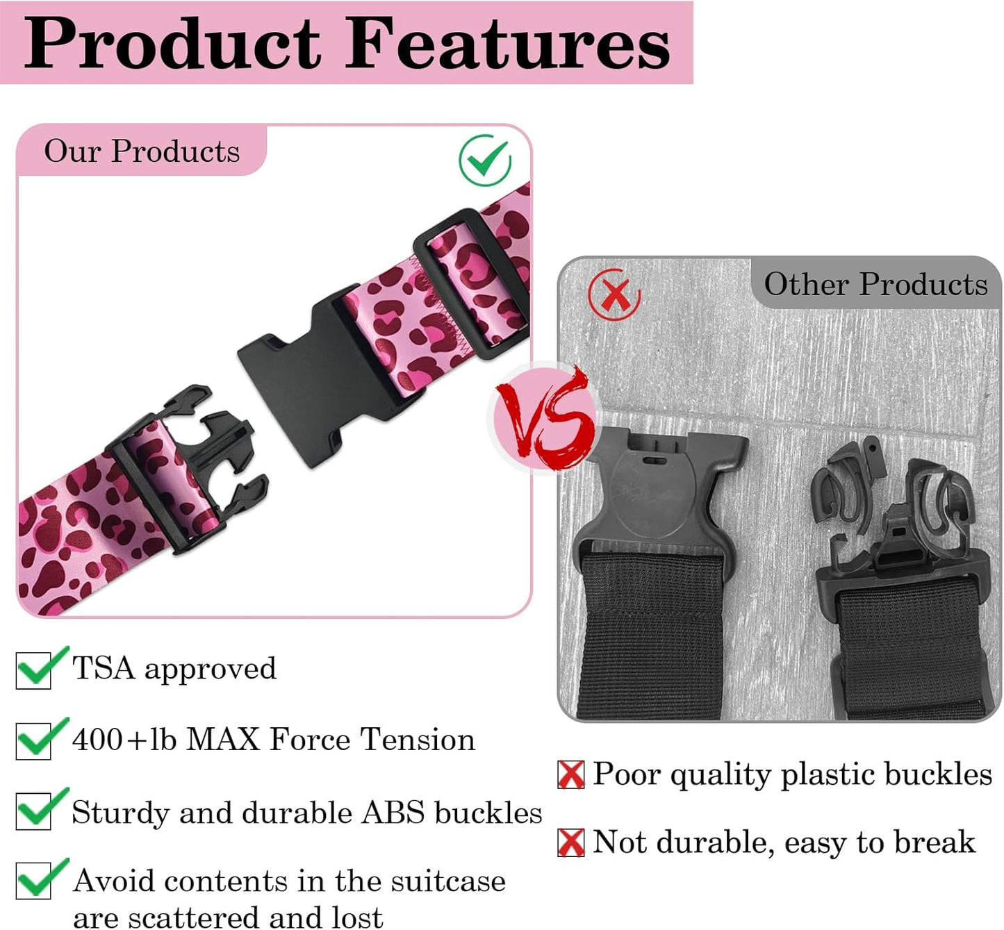 Leopard Luggage Straps for Suitcases TSA Approved, Luggage Identifiers for Suitcase, Adjustable Suitcase Strap for Baggage Security with Cute Patten, Travel Necessary Accessories (2Pack)