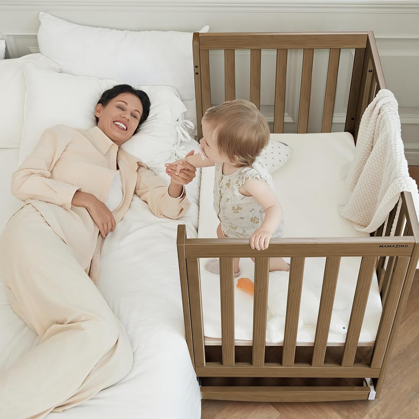 EvoNest Baby Crib, 6 in 1 Convertible Mini Crib with Wheels, 100% New Zealand Wood Growing Bed, 4 Adjustable Mattress Height，Walnut Brown