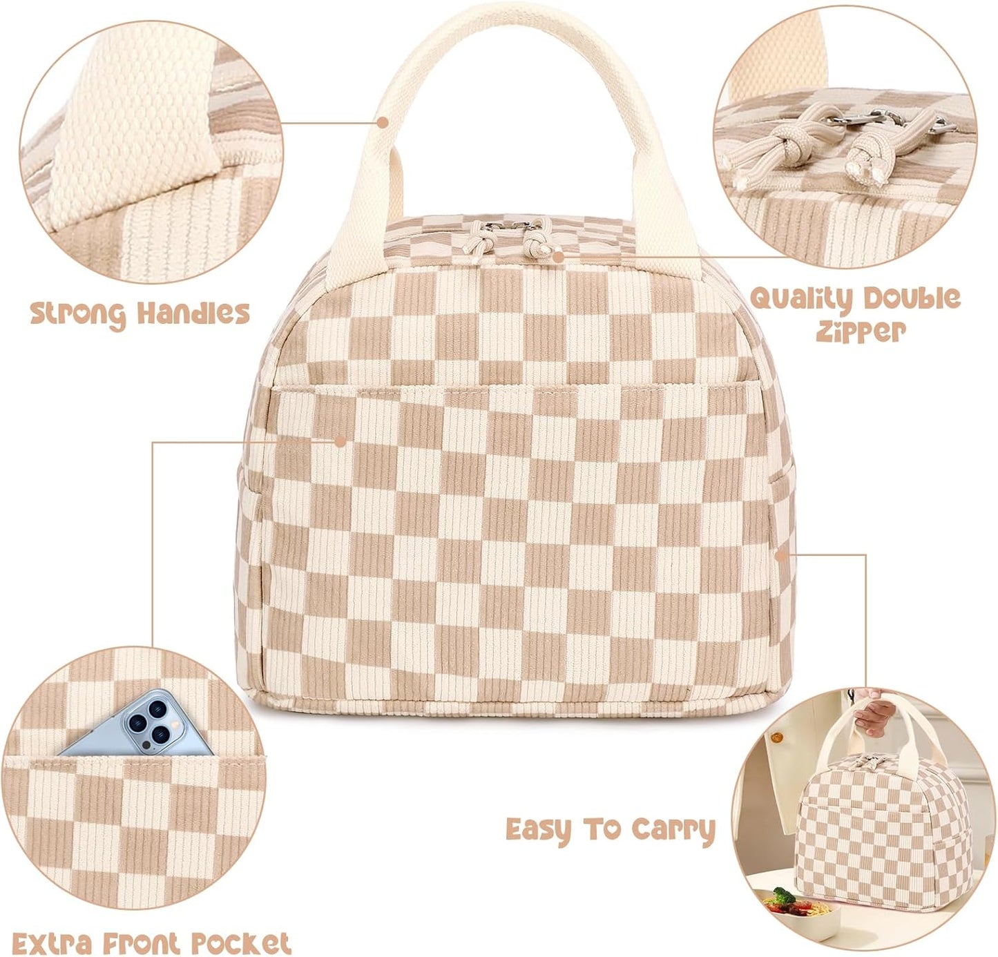 Bluboon Lunch Bag for Women Men Cute Corduroy Lunch Tote Bags Reusable Insulated Lunch Box Large Capacity Reusable Insulated Cooler for Work Picnic or Travel