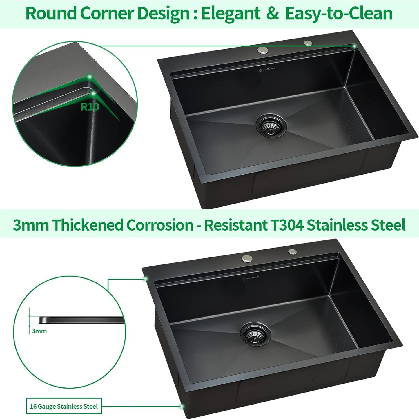 Drop-in Kitchen Sink - Single Bowl Workstation with Cutting Board, 30 x 22 x 10, Gunmetal Black, 16 Gauge Stainless Steel