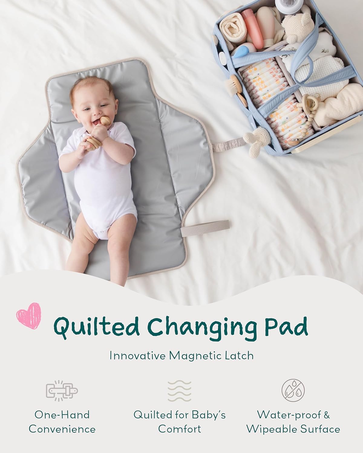 Lily Miles Baby Changing Pad Portable, Diaper Changing Mat with Magnetic Latches, Waterproof Travel Pad for Diaper Bag, Newborn Essentials, Gift for Baby Shower and Registry (Black Twill, Large)