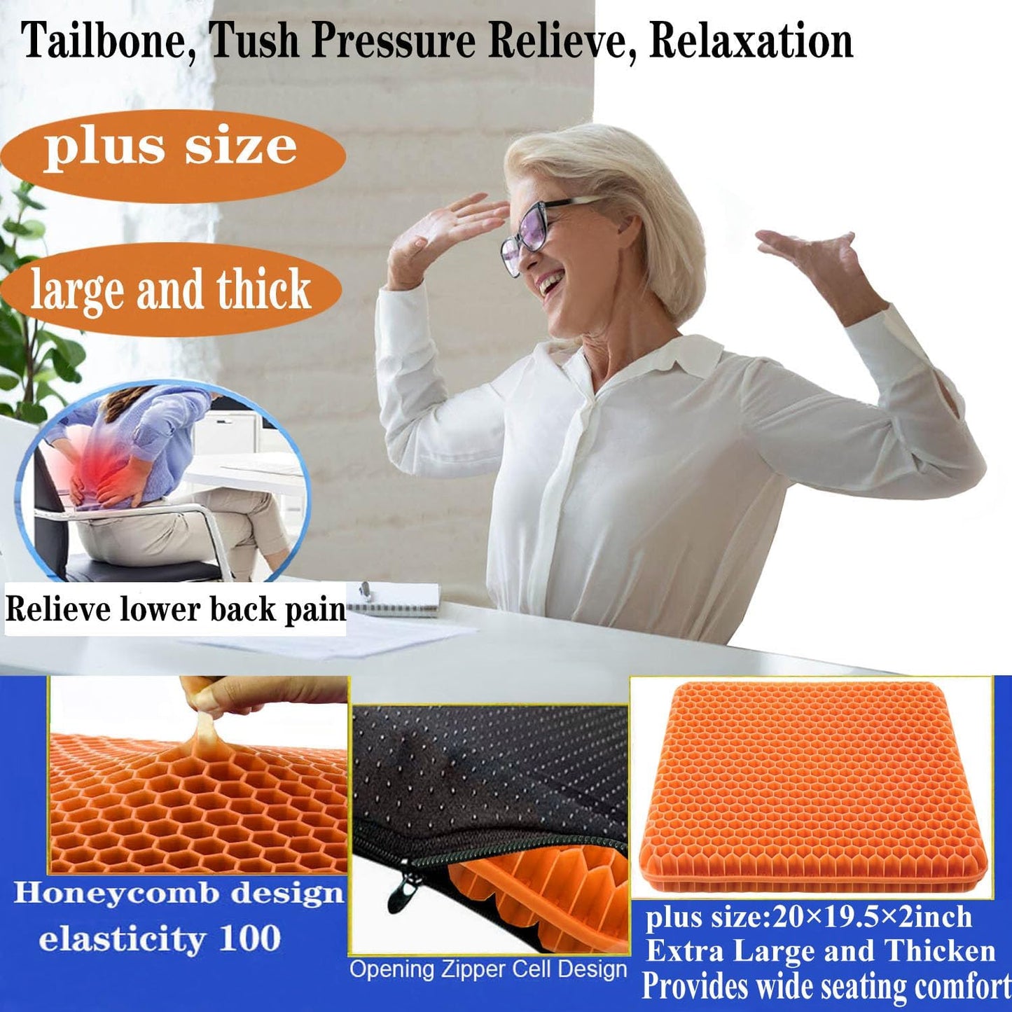 Plus Size Gel Seat Cushion for Long Sitting, Extra Large and Thick, Seat Cushion for Back, Sciatica, Hip, Tailbone Pain Relief , Used for the Office, Wheelchair, Car, Truck, Recliner, Stadium.(Orange)