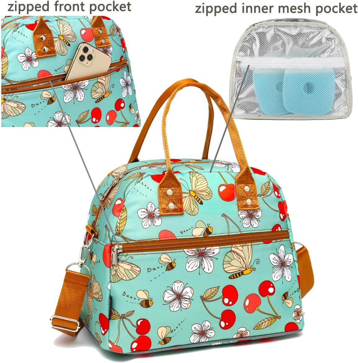 FlowFly Insulated Lunch Bag With Shoulder Strap for Women, Men, and Kids, Large and Reusable, Handle, Freezable Work and School Travel Tote and Meal Prep Organizer,Turquoise Cherry