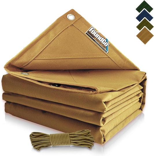 FoundGo 12x24ft Canvas Tarp 22 Mil Tarps 14 oz Canvas Tarpaulin Heavy Duty Cloth Water/UV Resistant Cover with Rustproof Grommets & Ropes for Cars,Roofs,Boats,Camps,Sunshades，Moisture Barrier -Tan