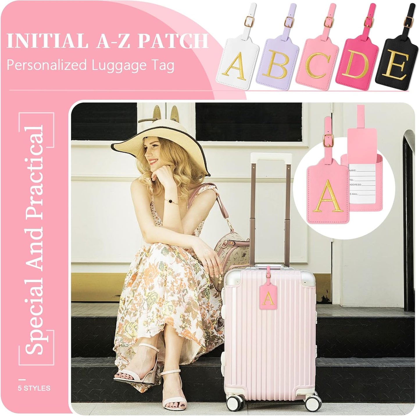 Personalized Initial Luggage Tags for Suitcase, Pink Leather Cute Luggage Tags with Privacy Cover Name Card, Embroidered Custom Monogrammed Luggage Tag Travel Bag Baggage Tags Gifts for Women Kids(A)