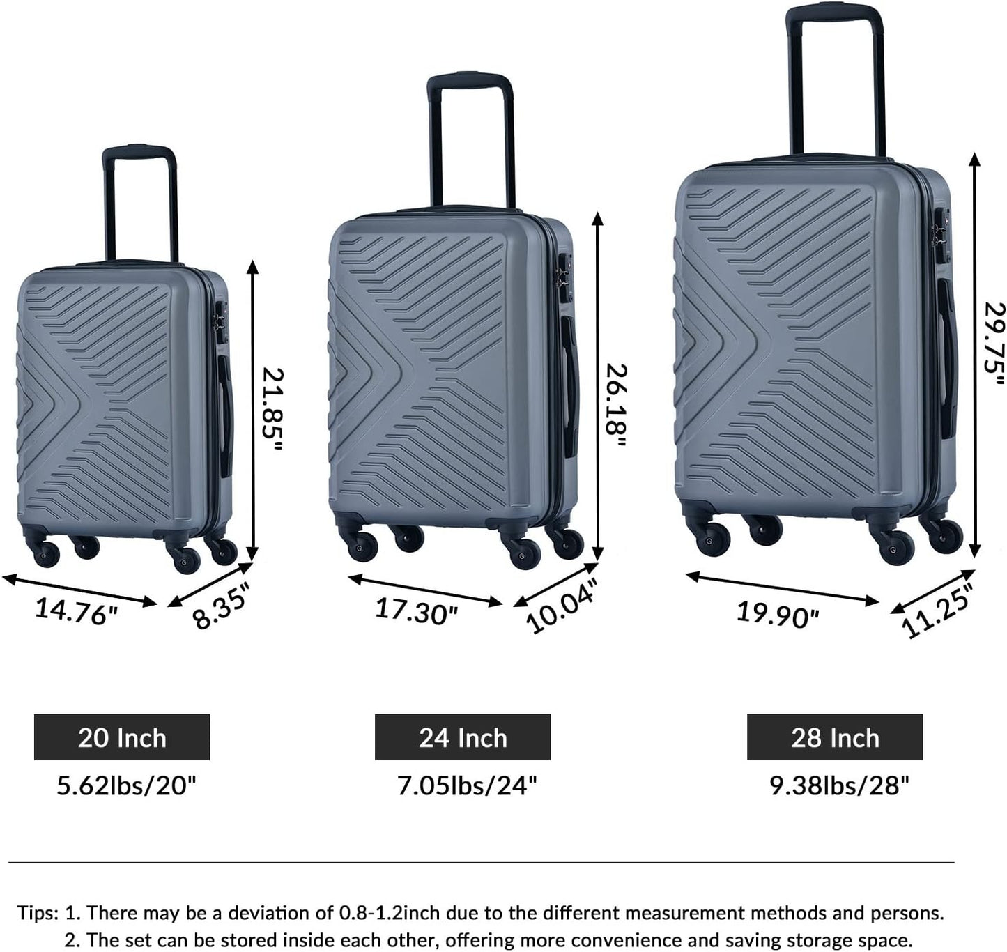 Campfun 3 Piece Luggage Sets, Hardshell ABS Luggage with TSA Lock, Carry On Suitcase Sets Lightweight Durable with 2 Hooks & Spinner Wheels, 20in/24in/28in - Grey(C)