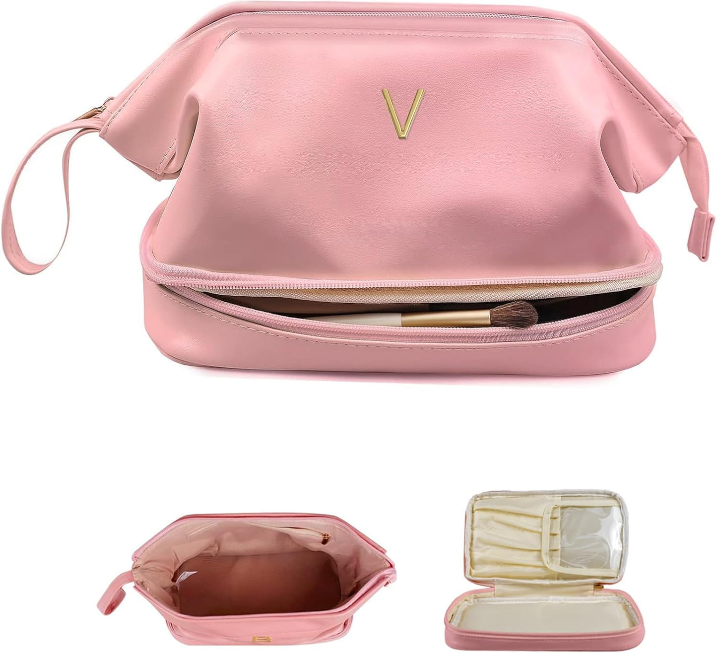 Bridesmaid Gifts for Women, Initial Makeup Bag, Personalized Double Layer Cosmetic Bag with Makeup Brush Organizer, Large Capacity PU Leather Travel Toiletry Bag, Personalized Teacher Gifts