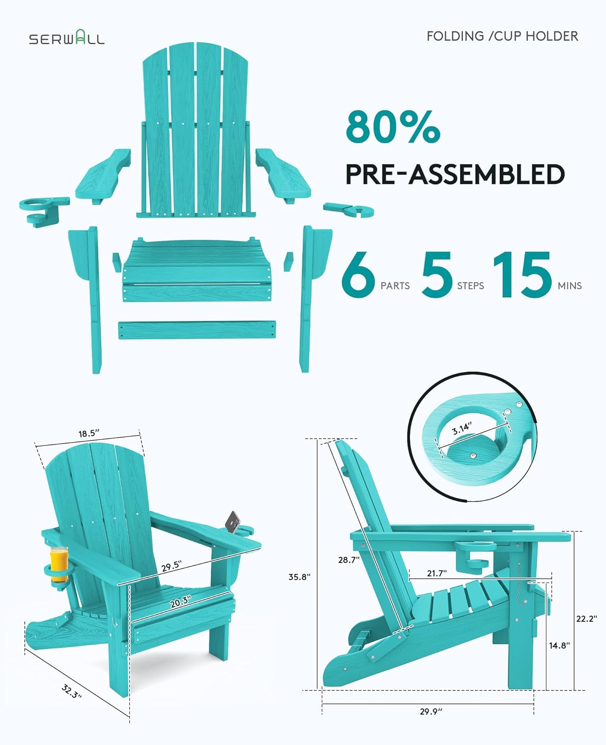 SERWALL Adirondack Chair with Cup Holders - Composite Adirondack Chairs Set of 6 HDPE Outdoor Chairs All Weather Use- Aruba