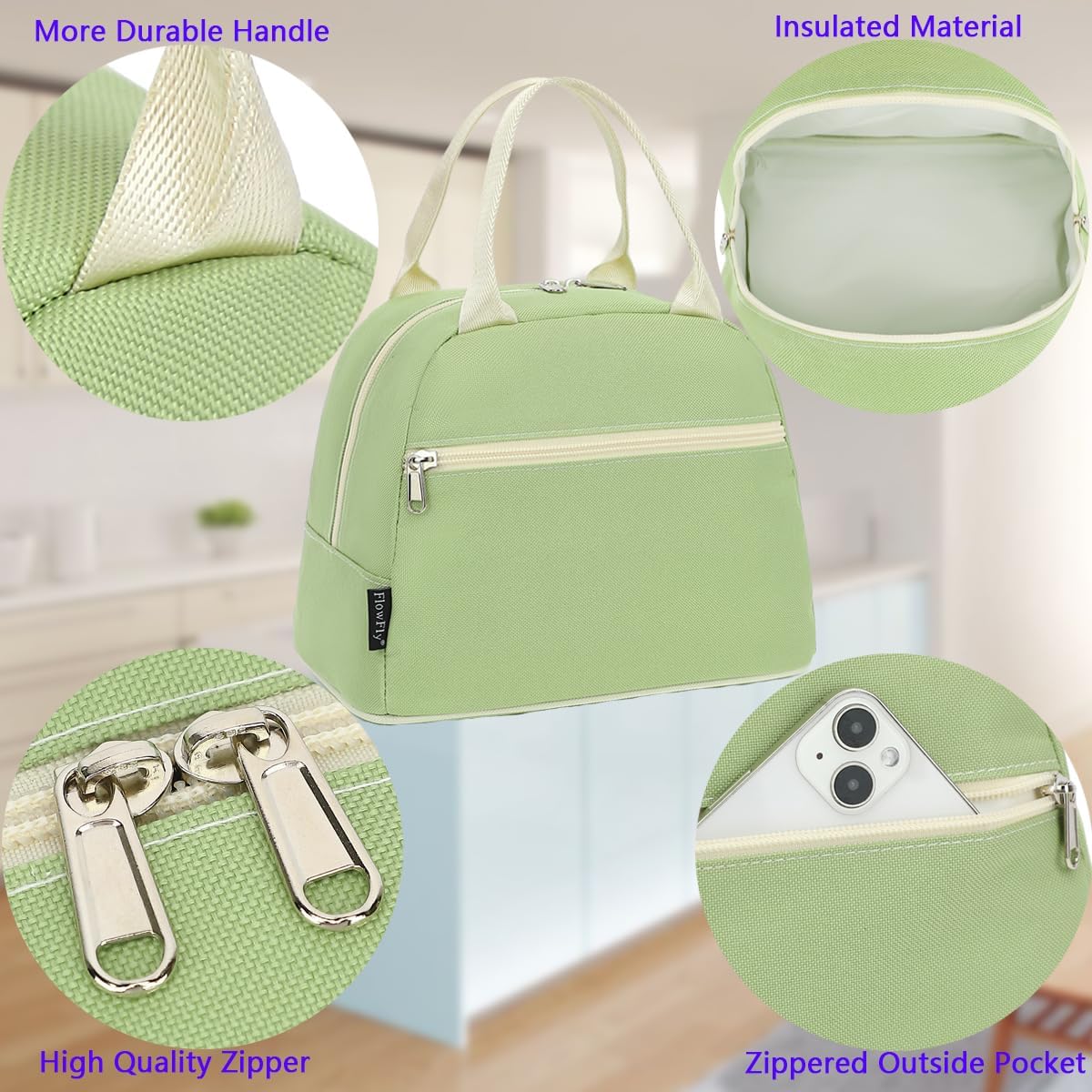 FlowFly Insulated Lunch Cooler Bag - Tote Bag Organizer for Women/Men, Prairie Green