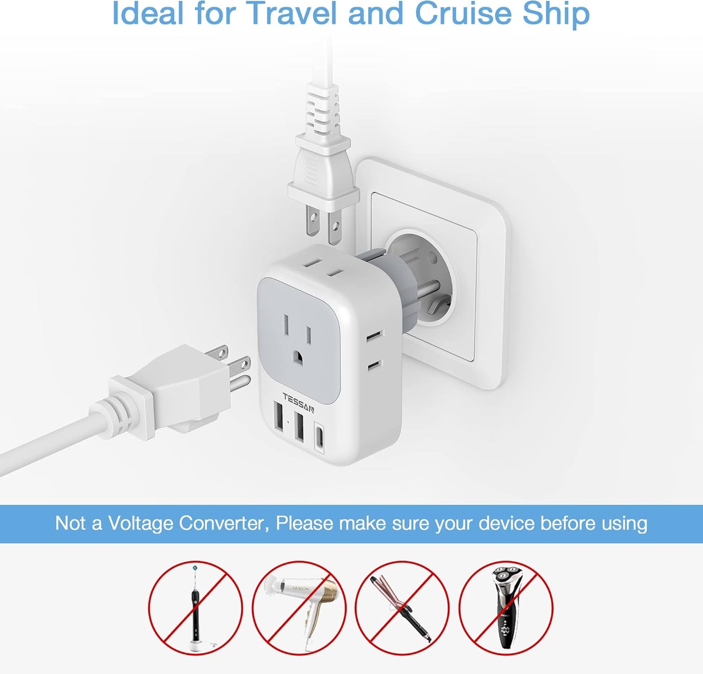 TESSAN 2 Pack Type E F Plug Adapter USB C, Germany France Power Adaptor with 3 USB Charger Ports, 4 AC Outlets Travel Plug for US to Europe EU Spain Iceland Korea Greece Russia German French