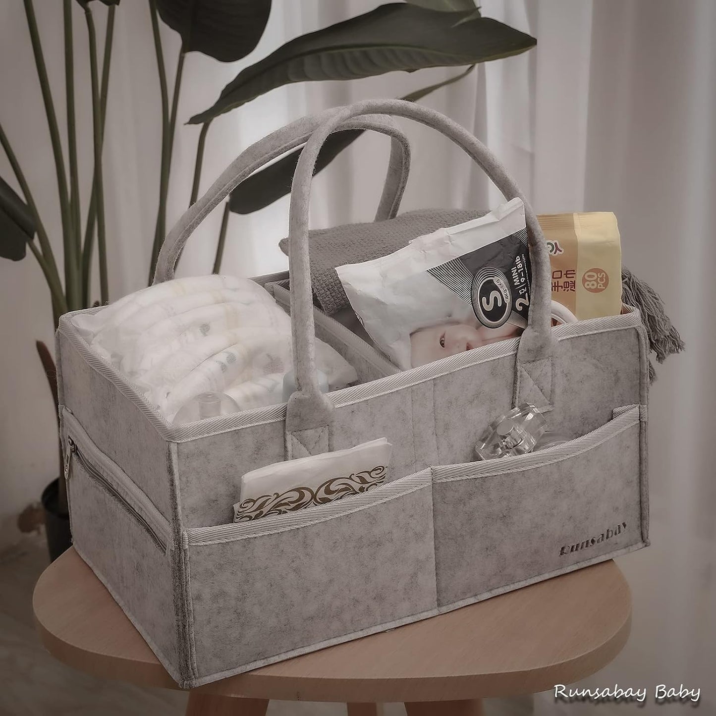 Runsabay. Nursery Basket-Baby Diaper Caddy Organizer for Changing Table-Portable Holder Tote Bag-Car Organizer with Removable Divider-Best Shower Gift Basket for Newborns Registry- Grey & Large Size