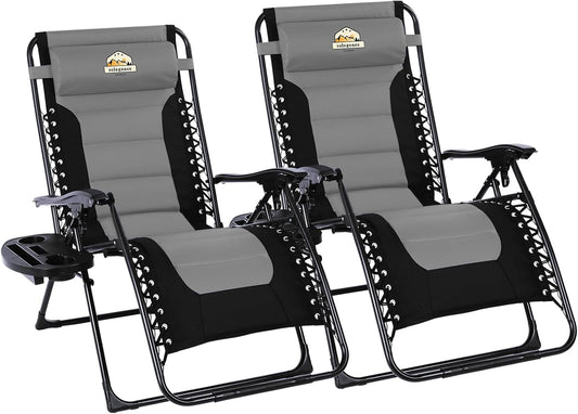 Oversized Padded Zero Gravity Lounge Chair Set of 2, Foldable Patio Anti Gravity Reclining Chairs Folding Lawn Recliner with Cup Holder for Yard, Camping, Outdoor, Support 350 LBS, Black