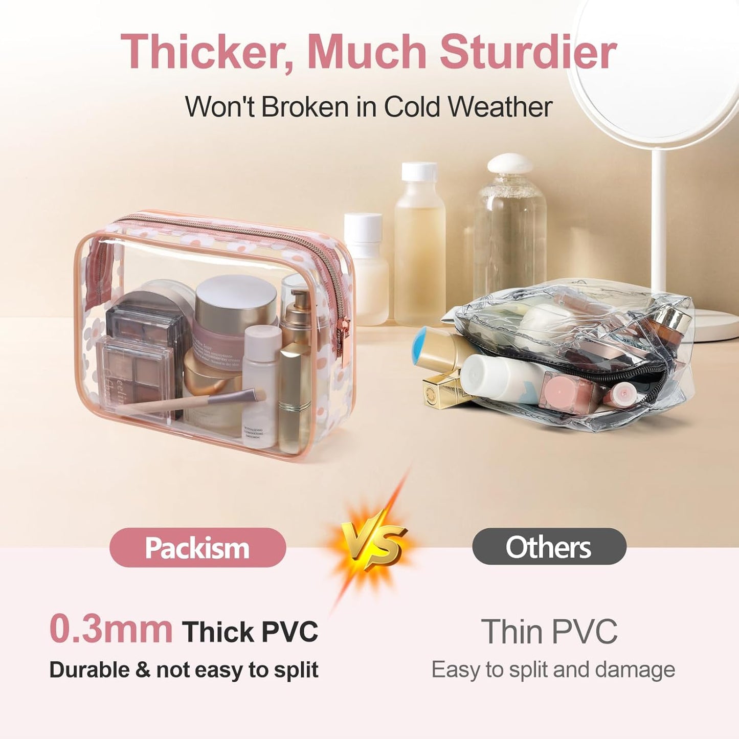 PACKISM TSA Approved Toiletry Bag - Rose Pink Flower Print Clear Makeup Bag, Suitable for Gifts, with Supporting Frame, Perfect for Travel Essentials, Thick No Smell