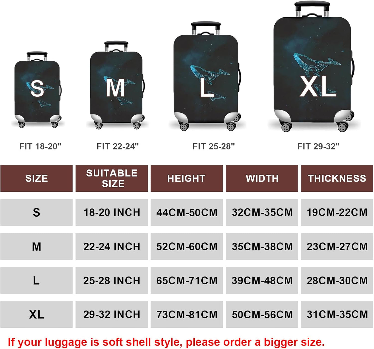 WUJIAONIAO Travel Luggage Cover Baggage Suitcase Cover Protector Skins 18-32 Inch (dolphin, S (for 18-20 inch luggage))