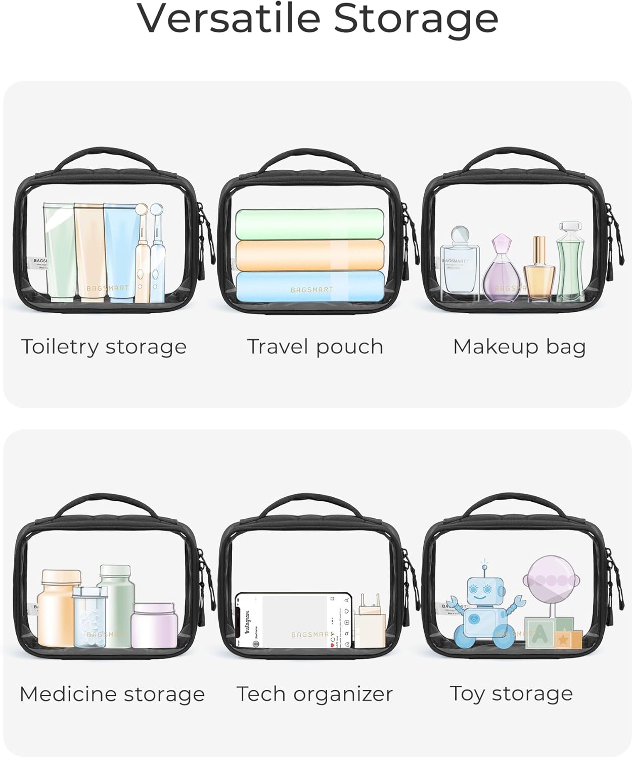 BAGSMART Clear TSA-Approved Toiletry Bag, Puffy Edges Travel Makeup Bag, Large Opening with Handle, Clear Cosmetic Bag with Double Zipper for Women