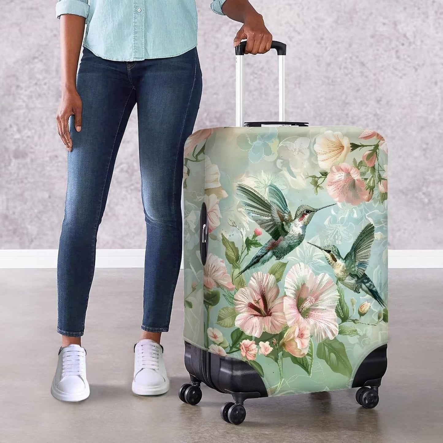 Hummingbird Luggage Cover for Women Travel Luggage Covers for Suitcase Elastic Spandex Suitcase Covers Protector with Zipper Flower Suitcase Covers for Luggage Fit 18-21 Inch