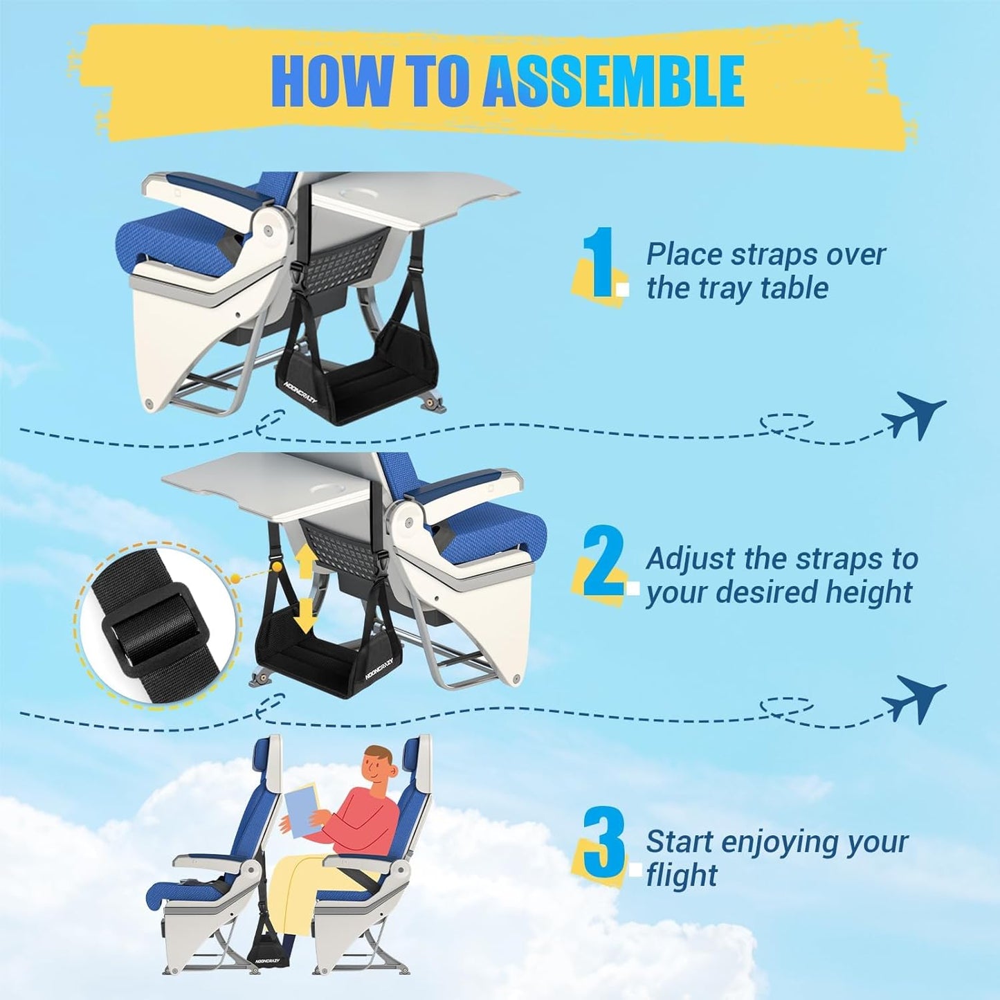 Airplane Foot Hammock, No Collapse Foot Rest for Plane Travel with Extended Adjustment Strap, Portable Desk Foot Hammock with Thickened Foam, Foot Sling Travel Essentials to Relax Your Feet(Black 2PC)