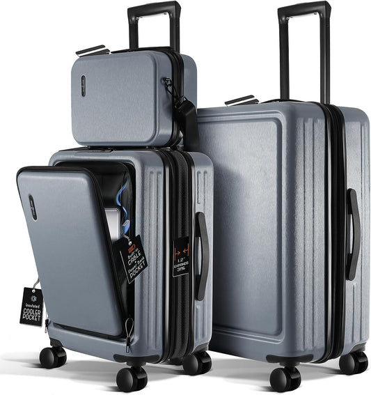 Luggage Sets 3 Piece, 22 Inch Carry on Luggage and 24 Inch Suitcases with Wheels Spinner, Durable Hard Shell Suitcase Set, Expandable Travel Suitcase, Grey