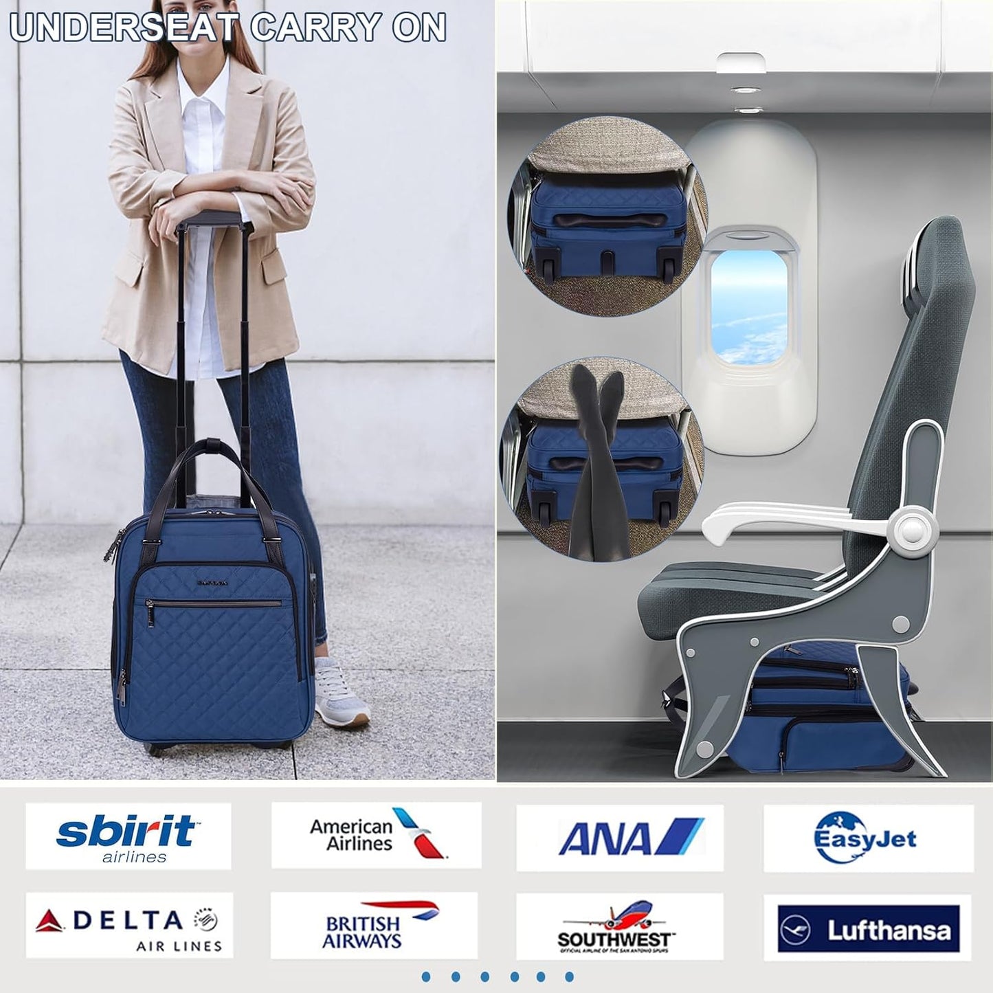 EMPSIGN Underseat Carry On Wheeled - 16" Carry on Bag with Wheels Multi-functional Lightweight Rolling Bag Overnight Weekender Small Suitcase for Women Men Travel Business, Haze Blue