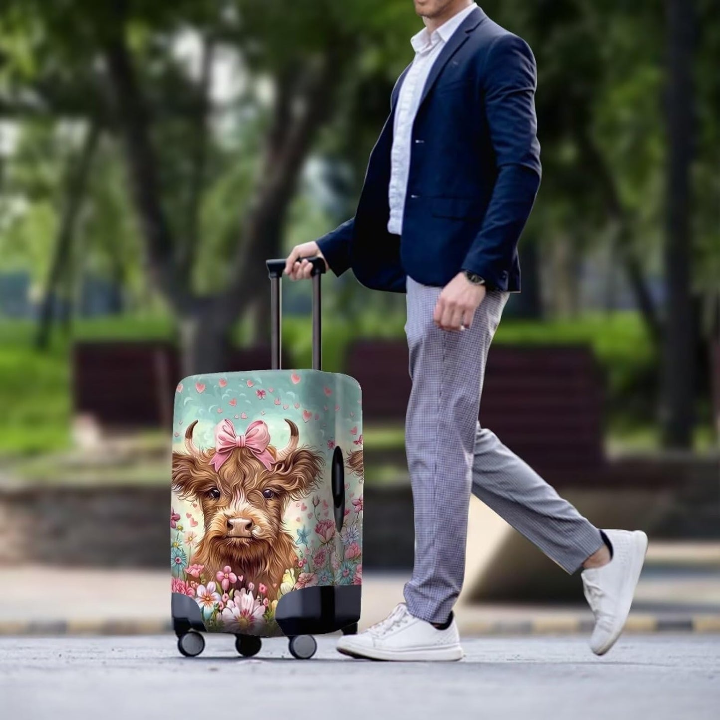 Highland Cow Suitcase Cover Flower Suitcase Protector Fits 22-25 Inch Luggage(Size M) Anti-Scratch Washable Spandex Luggage Cover Stretchable Suitcase Covers with Zipper