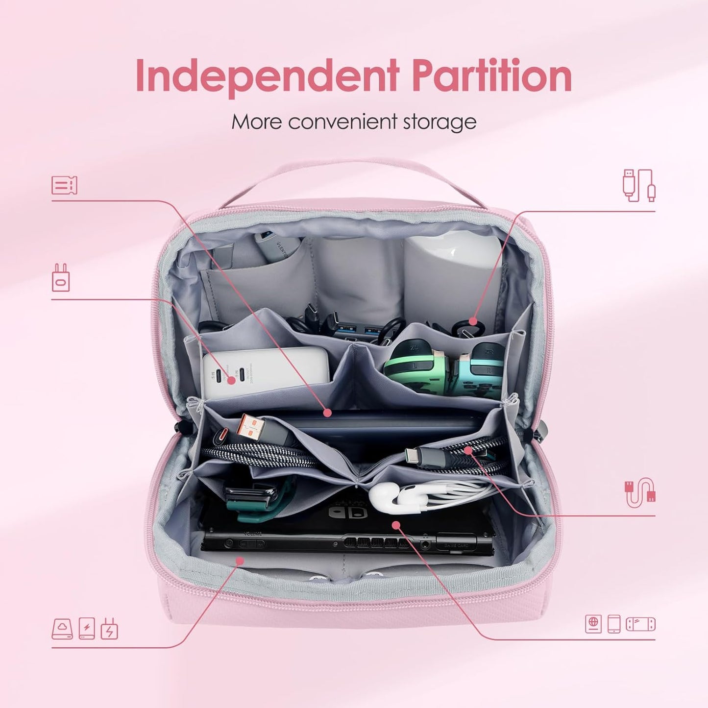 LENTION Electronics Organizer Bag Cable Tech Pouch for Electronic Accessories, Cable Organizer, Scratch-Resistant, Shock Proof, Padded Bag for AirPods, Charger Power Bank, Phone, Cord (M372, Pink)