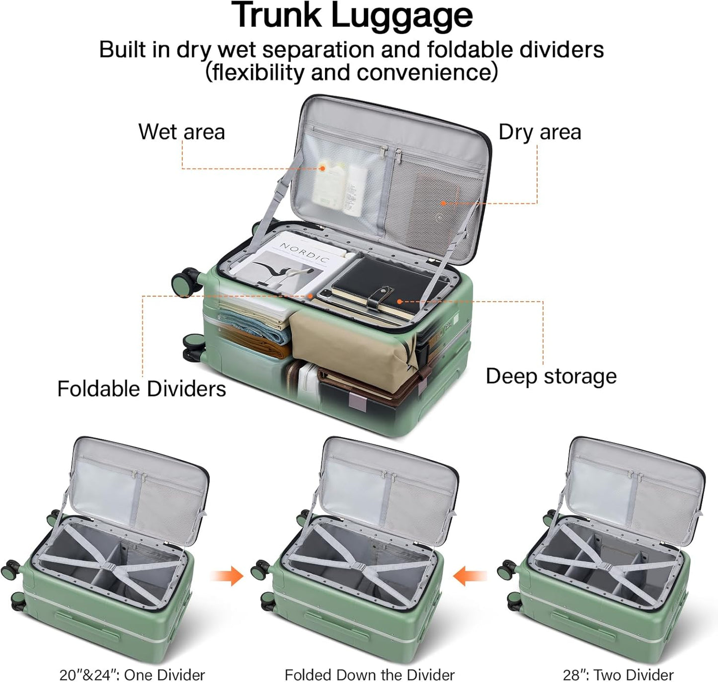 Hanke 24 Inch Luggage with Cup Holder and Charge,Top Opening Hard Shell Suitcases with Wheels and Dividers,Aluminum Frame Trunk Luggage Medium Checked Suitcase with Lock for Travel,Forest Green