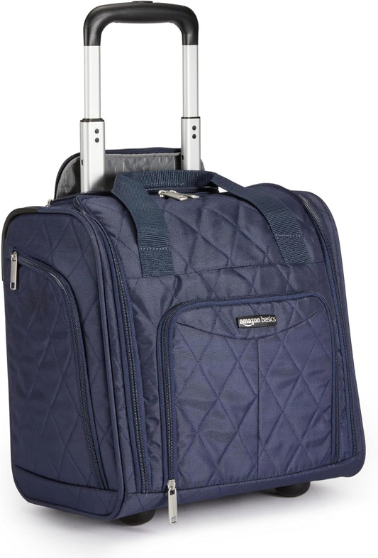 Amazon Basics Underseat Carry On Luggage with Wheels - 14" Rolling Travel Bag, Navy Quilted
