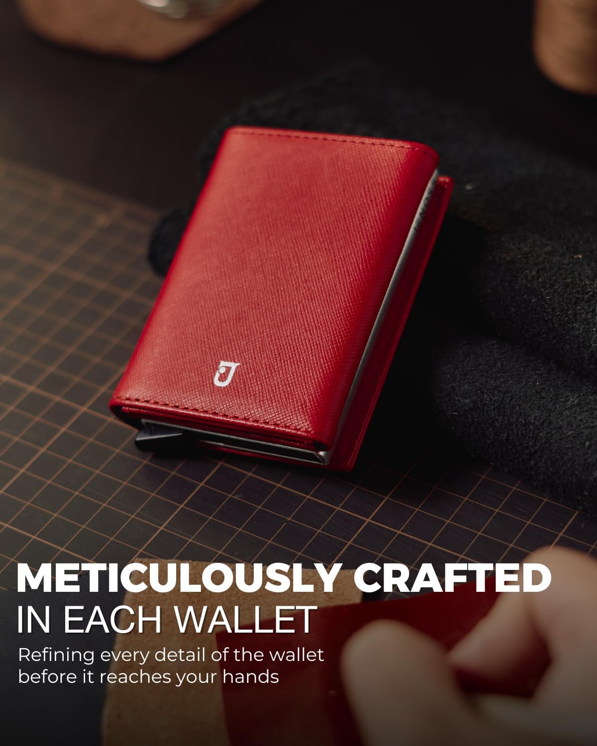 Jenoss Smart Wallet For Men & Women: Full Grain Leather, Handcrafted, Slide Metal Pop Up Case, Slim RFID Blocking Credit Card Holder Minimalist Compact 12 Cards Slot Organizers ID Clip (Red & Black)