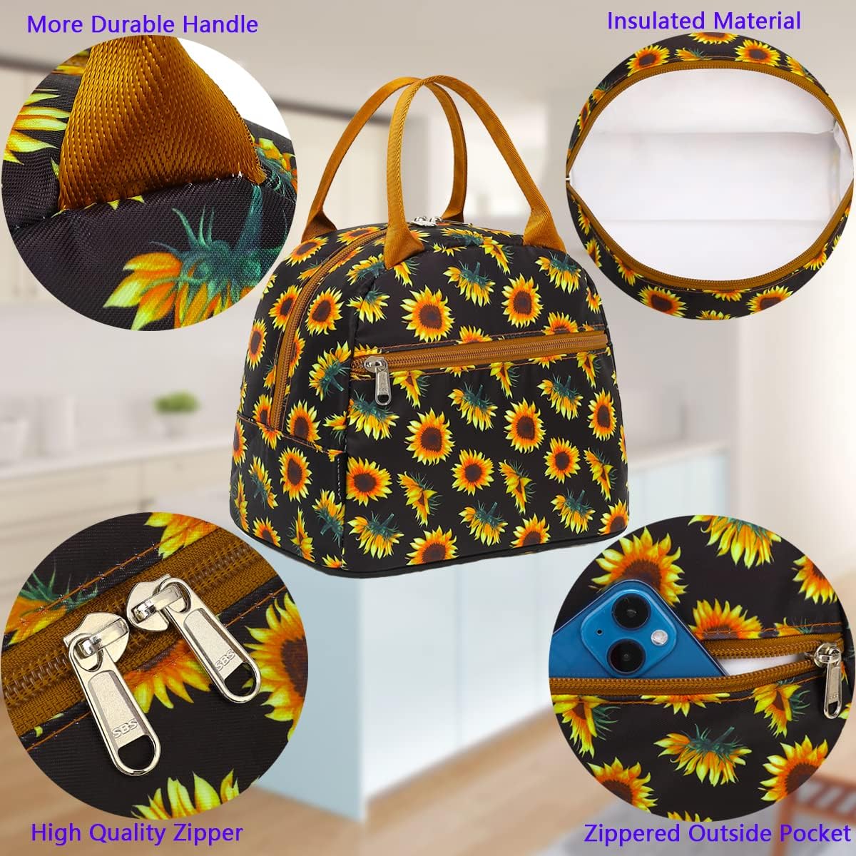 FlowFly Insulated Lunch Cooler Bag - Tote Bag Organizer for Women/Men, SunFlower