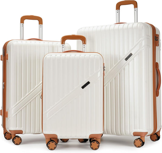 GinzaTravel Luggage Sets 3-Piece Expandable Suitcases with Wheels PC+ABS Durable Hardside Luggage sets TSA lock（White + Brown）