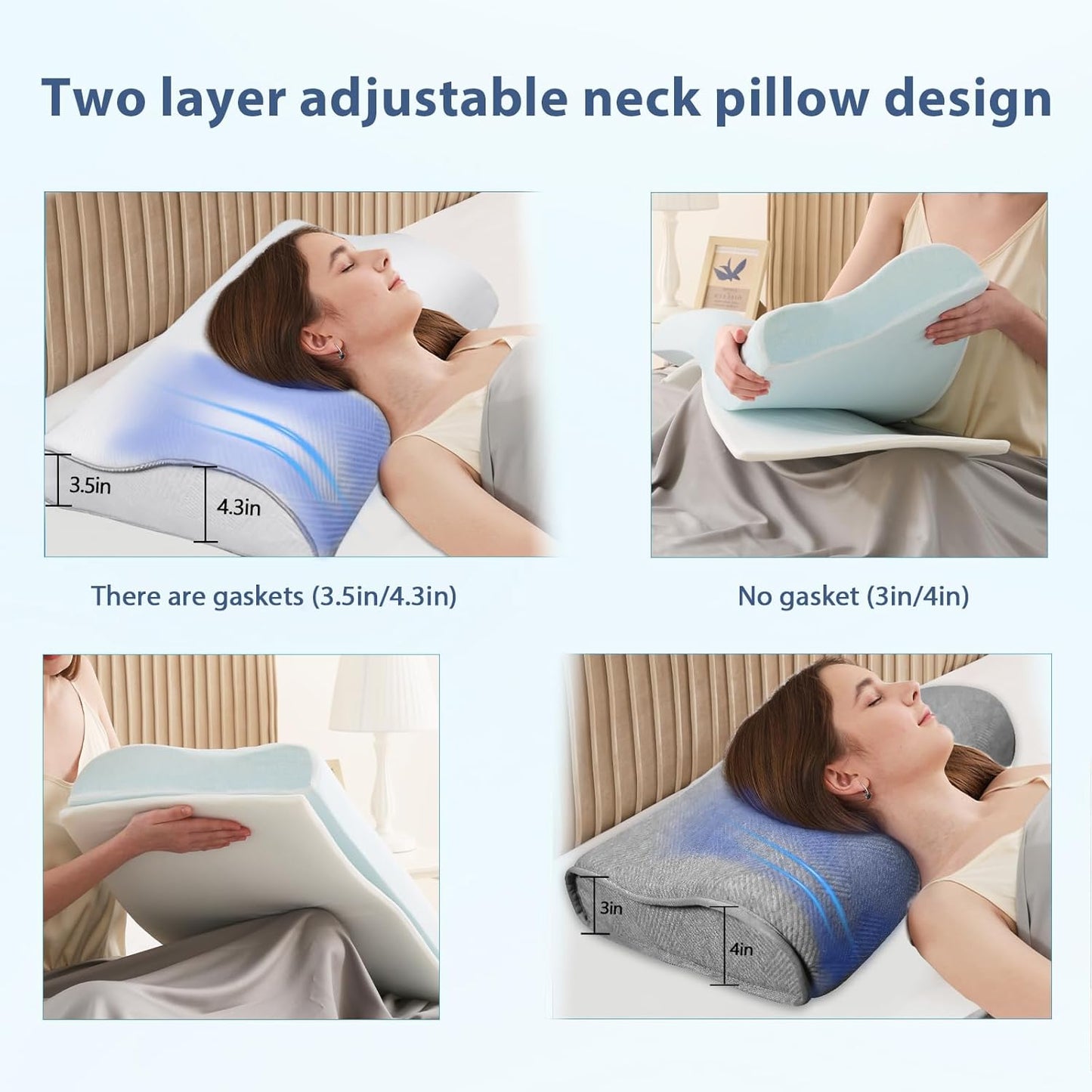 Memory Foam Pillow for Neck & Shoulder Pain Relief - Ergonomic Orthopedic Pillow with Removable Dual-Sided Breathable Pillowcase, CertiPUR-US Certified for Side/Back Sleepers, White & Grey