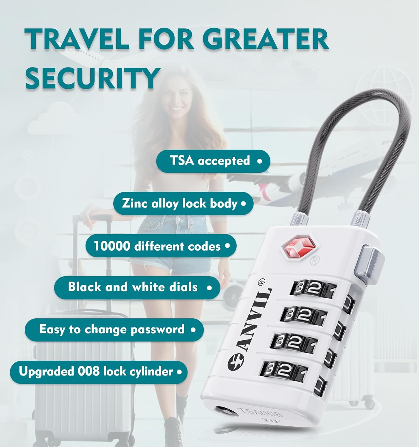 ANVIL 4 Digit Luggage Locks, TSA Locks for Luggage, Advanced TSA008 core, Alert Indicator for Your Travel Lock, Suitcase Lock. (2, White)