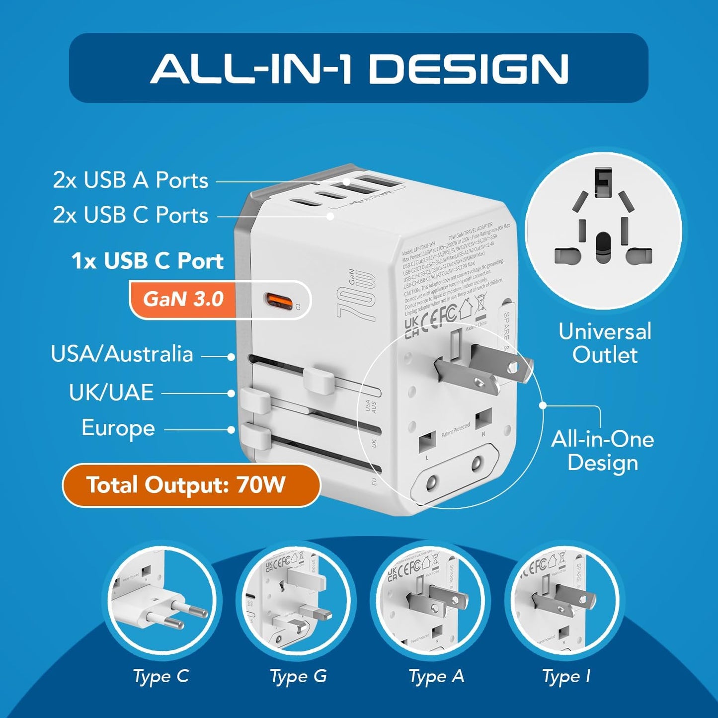 Ceptics 6 in 1 Universal Travel Adapter with PD 70W USB-C and 2X USB-A and 2X USB-C 3A, Universal Charger with QC 3.0 for US/EU/UK/AU, Universal Power Adapter with Type I C G A Outlets