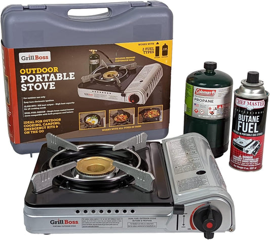 Grill Boss Dual Fuel Portable Stove, Dual Fuel Butane & Propane Stoves, 12K BTU Butane Camp Stove & Propane Portable Camping Stoves for Emergencies, Outdoor BBQ, Cooking, Hikings & Backpacking - 90057