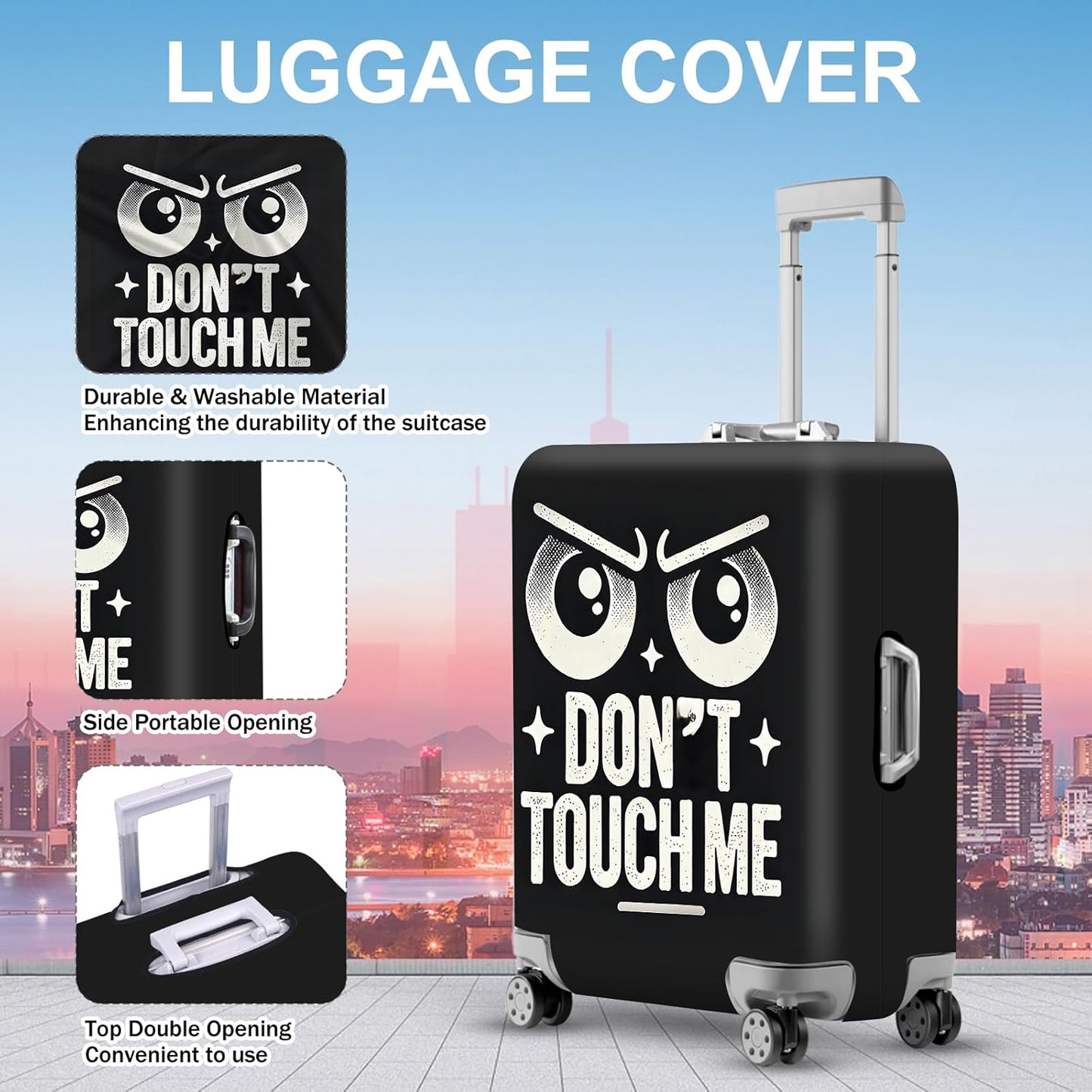 ANNA QUEEN Funny “Don’t Touch Me” Luggage Cover, Bold Black Suitcase Protector with Angry Eyes Design, Stretchable, Washable Travel Cover for 28-30 Inch Luggage