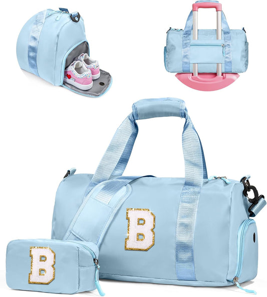 Birthday Gifts for 3 4 5 6 7 8 9 10 11 12 Year Old Girls-Girl Gym Bag with Shoe Compartment, Kid Personalized Weekender Ballet Bags, Initial Travel Tote with Makeup Pouch (Letter B)