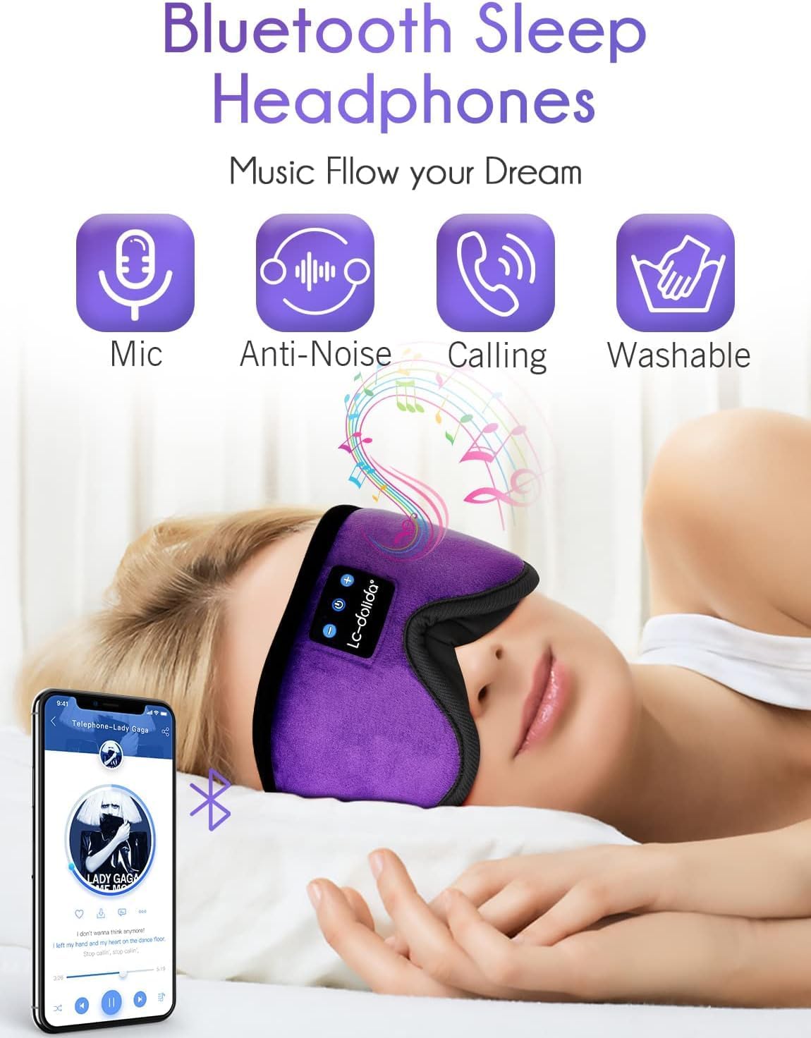 LC-dolida Sleep Headphones, Sleep Mask Bluetooth Wireless Music Eye Mask, Sleeping Headphones for Side Sleepers Sleep Mask with Bluetooth Headphones Ultra-Thin Stereo Speakers Perfect for Sleeping