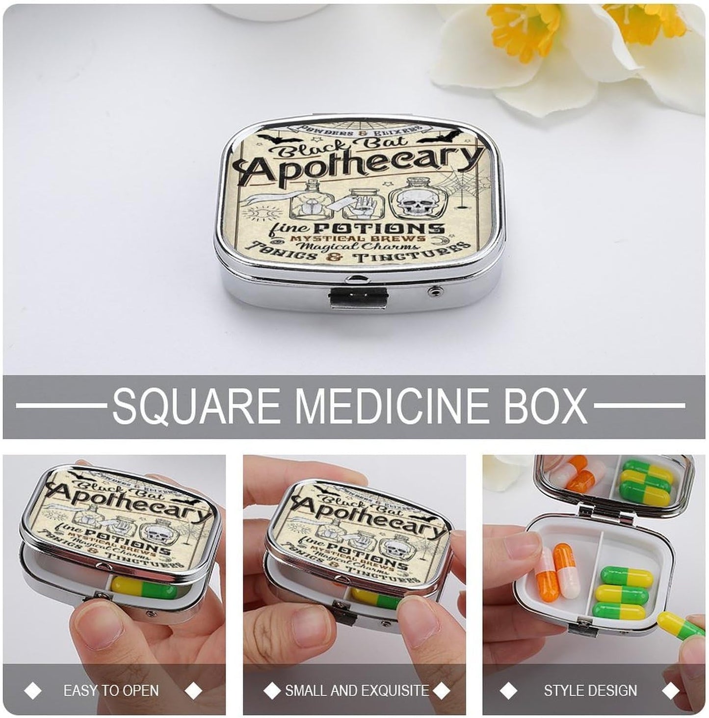 Metal 2 Compartment Pill Organizer Travel Friendly Portable Compact Pill Box Cute Pill Case to Hold Vitamins,Fish Oil,Supplements,Meds,Tablet for Purse,Pocket. (Apothecary)