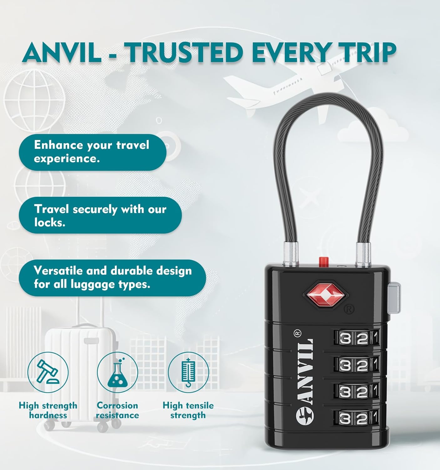 ANVIL 4 Digit Luggage Locks, TSA Locks for Luggage, Advanced TSA008 core, Alert Indicator for Your Travel Lock, Suitcase Lock. (3, Black)