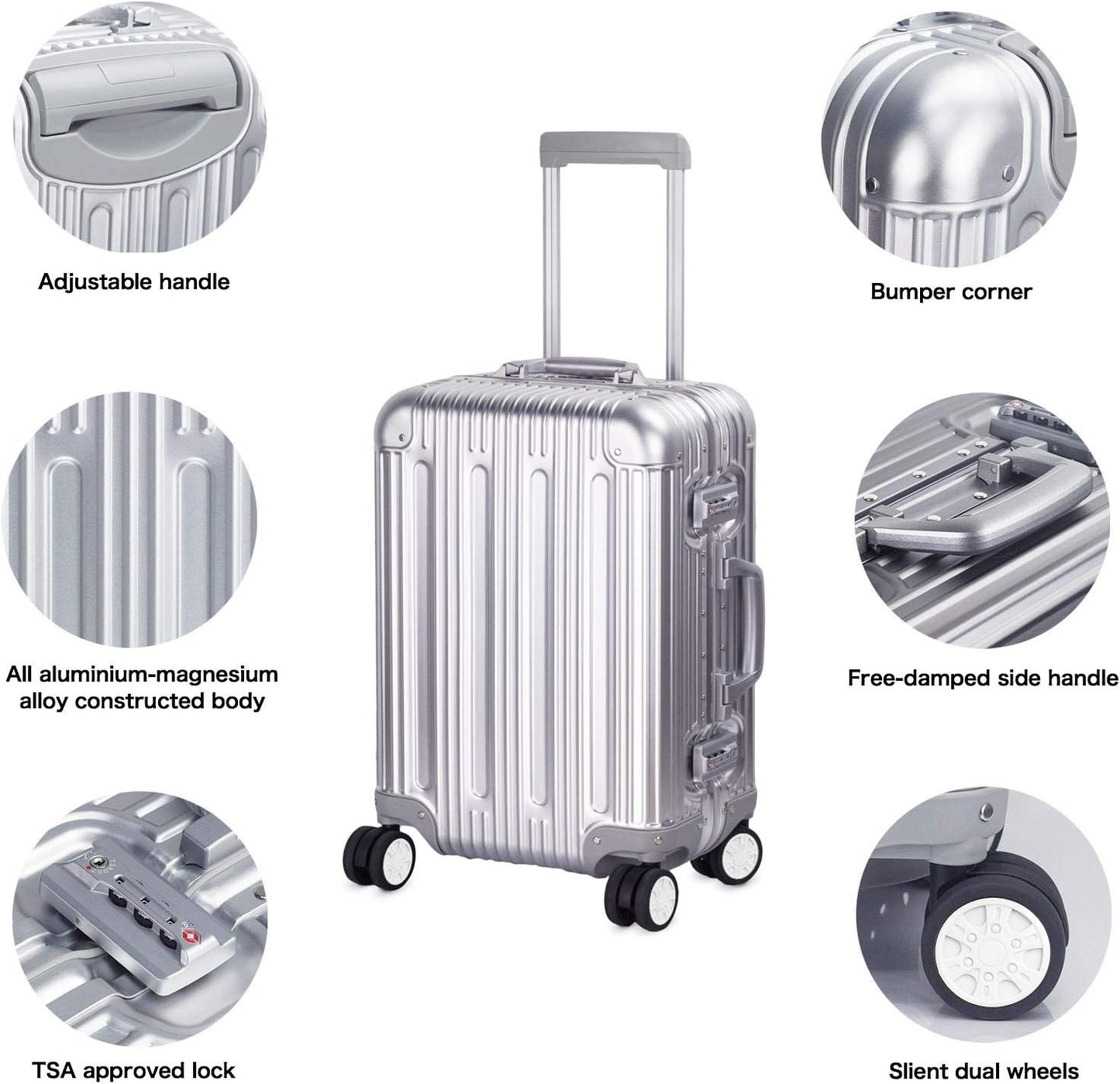 TRAVELKING All Aluminum Carry On Luggage with TSA Locks Fashion Cool Metal Hard Shell Spinner Suitcase (Silver, 20 Inch)…