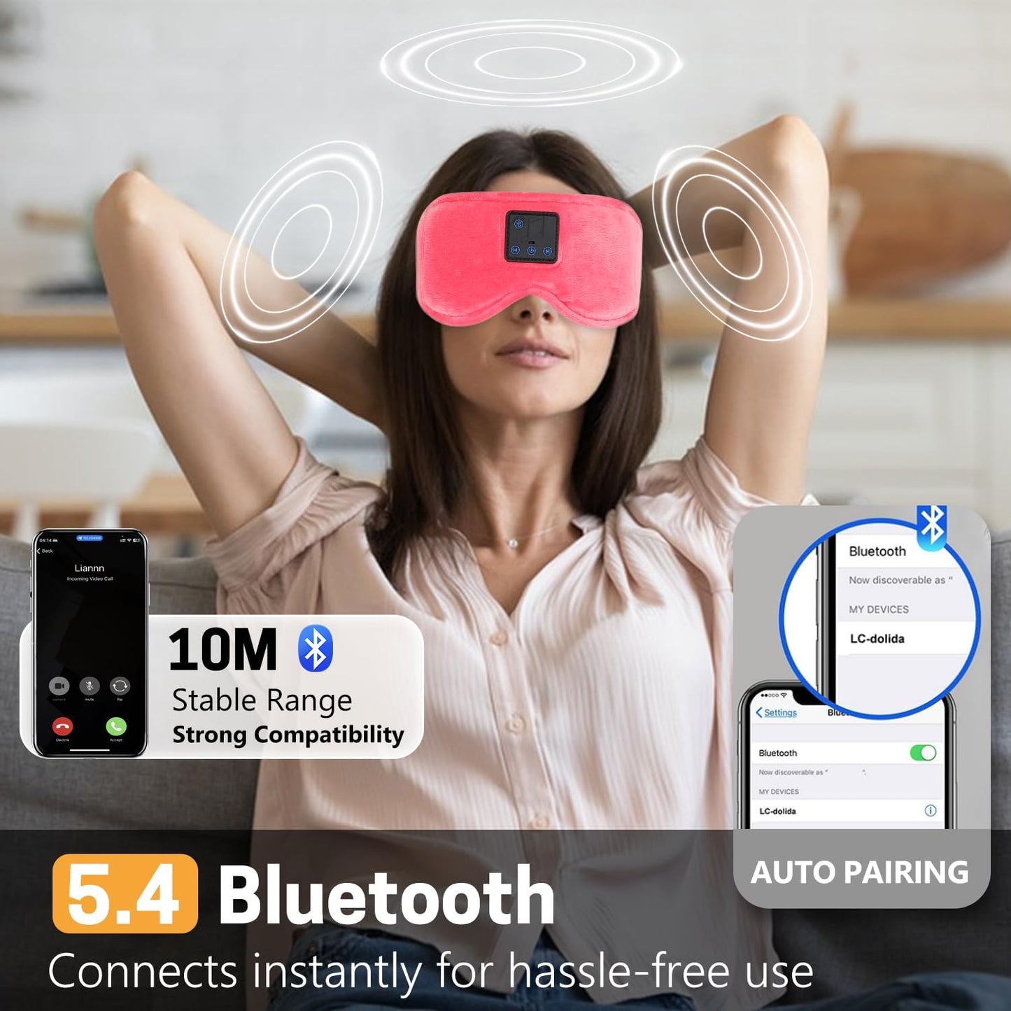 Sleep Mask with Bluetooth Headphones 3D Contour Sleeping Headphones 5.4 Wireless Bluetooth, Ultra-Thin Stereo Speakers Blackout Eye Masks for Men Women Travel Sleep