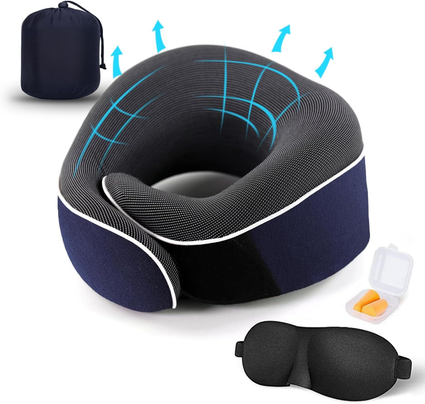 Travel Neck Pillow, Best Memory Foam Airplane Pillow for Head Support Soft Adjustable Pillow for Plane, Car & Home Recliner Use (Blue)